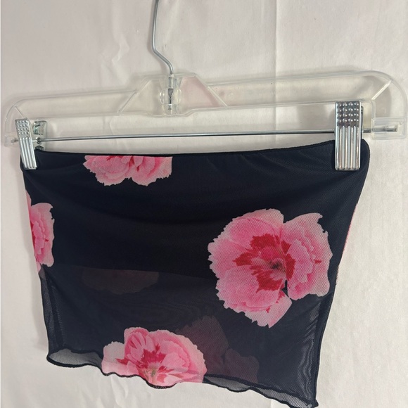 Princess Polly Tops - Black+Pink Floral Mesh Tube Top XXS